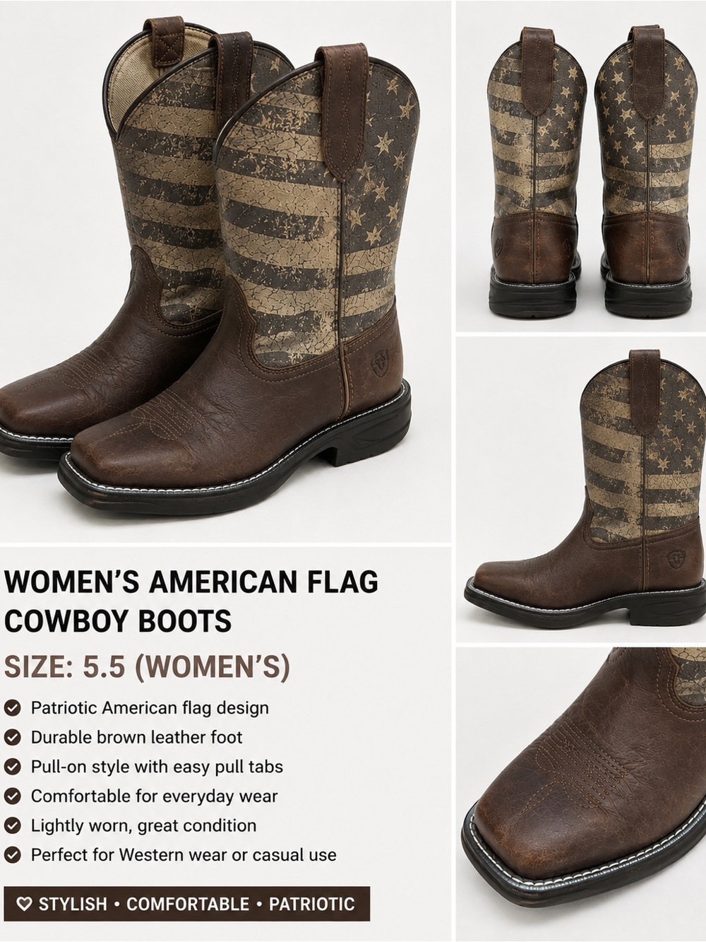 Ariat Brown and Tan American Flag Western Ankle Boots